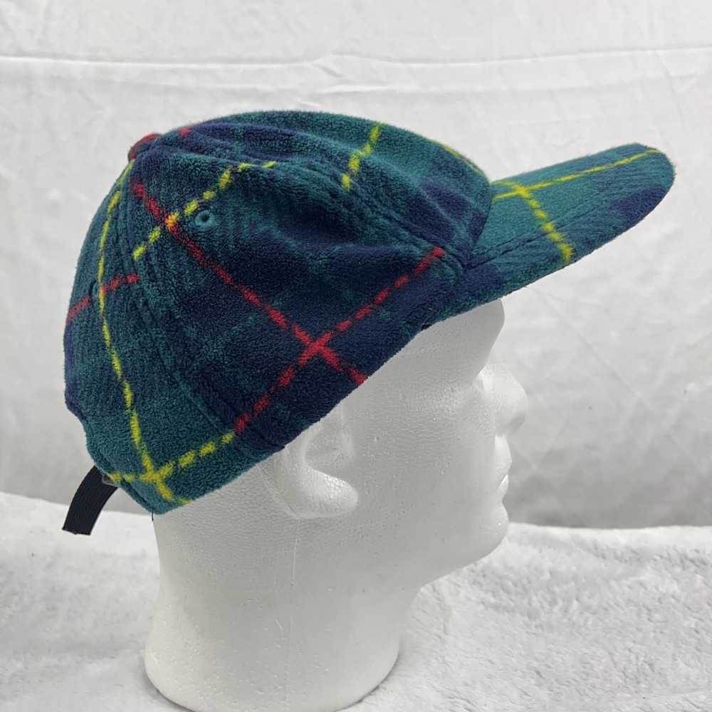 Vintage London Fog Plaid Fleece Strapback Hat Green Blue Tartan Winter Cap OSFA